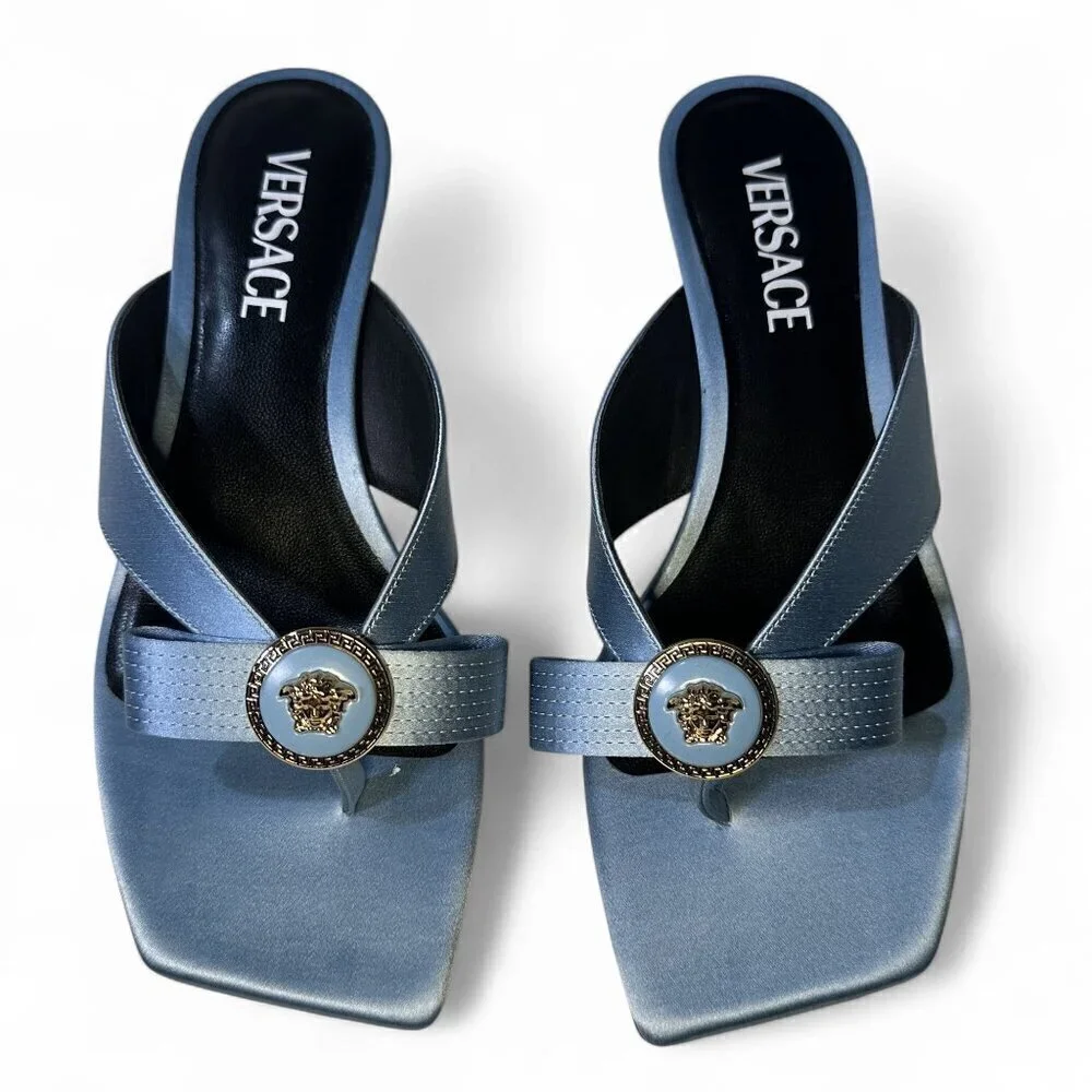 Versace Women's Blue Satin Mule Gianna Ribbon 45 mm sandals Sz 37.5